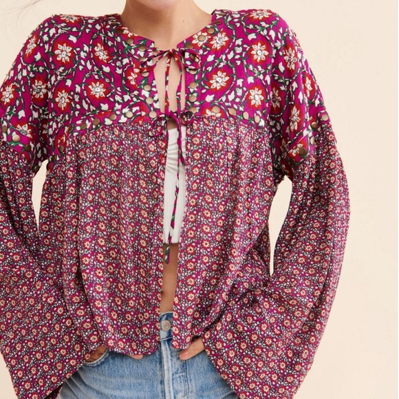 Free People Malia Embellished Printed Baby Doll Jacket Top Dark Red Medium - Picture 3 of 15